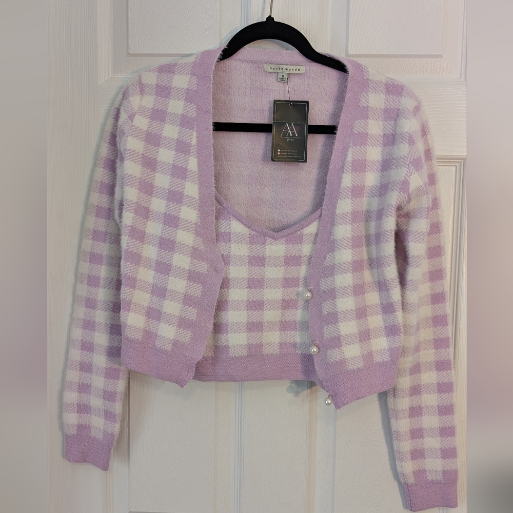 Haute Monde Women's Sweater Plaid Lilac White Two Plaid Cropped Set Size S NWT